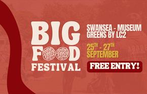 Big Food Festival promotional graphic on a red background with a faded photo of festival crowds behind. Large cream lettering reads Big Food Festival,